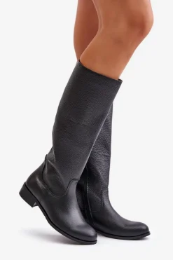 Skórzane Kozaki Damskie Do Połowy Łydki Na Zamek Lewski 3616 Czarne