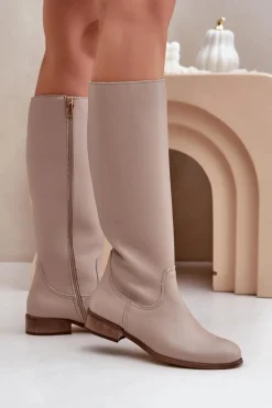 Skórzane Kozaki Damskie Do Połowy Łydki Na Zamek Zazoo 3616 Jasnobeżowe