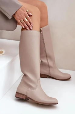 Skórzane Kozaki Damskie Do Połowy Łydki Na Zamek Zazoo 3616 Jasnobeżowe