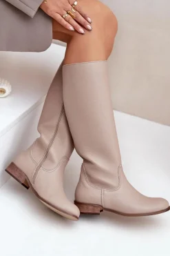 Skórzane Kozaki Damskie Do Połowy Łydki Na Zamek Zazoo 3616 Jasnobeżowe