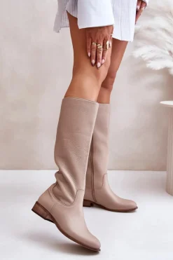 Skórzane Kozaki Damskie Do Połowy Łydki Na Zamek Lewski 3616 Beżowe