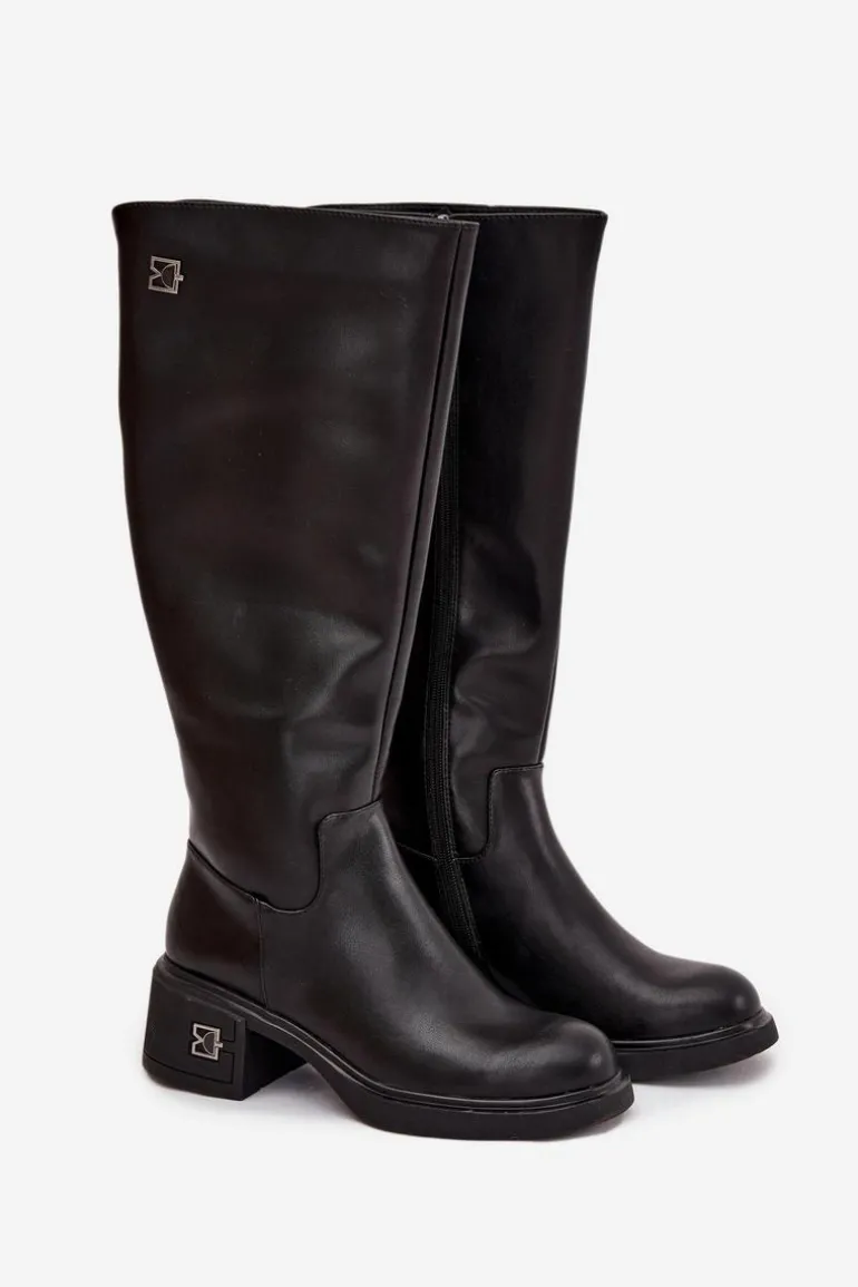 Skórzane Kozaki Damskie Na Niskim Obcasie Ocieplane Vinceza 66823 Czarne