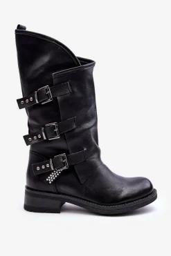 Skórzane Kozaki Damskie Na Płaskim Obcasie Czarne Nyreo