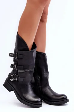 Skórzane Kozaki Damskie Na Płaskim Obcasie Czarne Nyreo