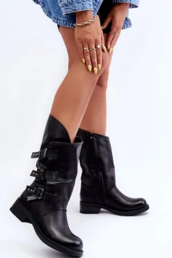 Skórzane Kozaki Damskie Na Płaskim Obcasie Czarne Nyreo