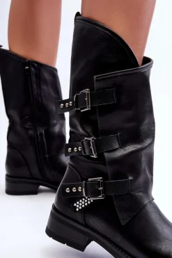 Skórzane Kozaki Damskie Na Płaskim Obcasie Czarne Nyreo