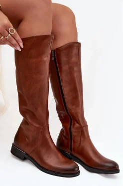 Skórzane Kozaki Damskie Na Płaskim Obcasie Ocieplane Zazoo 70150 Brązowe