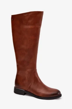 Skórzane Kozaki Damskie Na Płaskim Obcasie Ocieplane Zazoo 70150 Brązowe