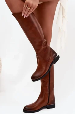 Skórzane Kozaki Damskie Na Płaskim Obcasie Ocieplane Zazoo 70150 Brązowe