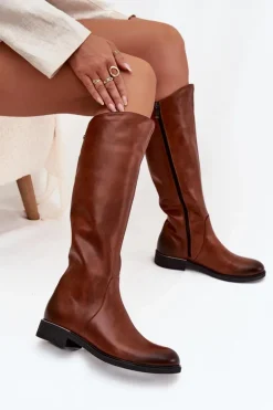 Skórzane Kozaki Damskie Na Płaskim Obcasie Ocieplane Zazoo 70150 Brązowe