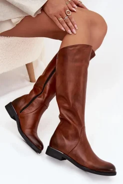 Skórzane Kozaki Damskie Na Płaskim Obcasie Ocieplane Zazoo 70150 Brązowe