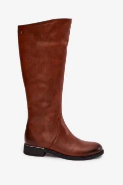 Skórzane Kozaki Damskie Na Płaskim Obcasie Ocieplane Zazoo 70150 Brązowe