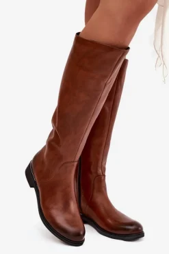 Skórzane Kozaki Damskie Na Płaskim Obcasie Ocieplane Zazoo 70150 Brązowe