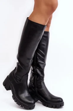 Skórzane Kozaki Damskie Na Niskim Masywnym Obcasie Czarne Nienna