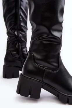 Skórzane Kozaki Damskie Na Niskim Masywnym Obcasie Czarne Nienna