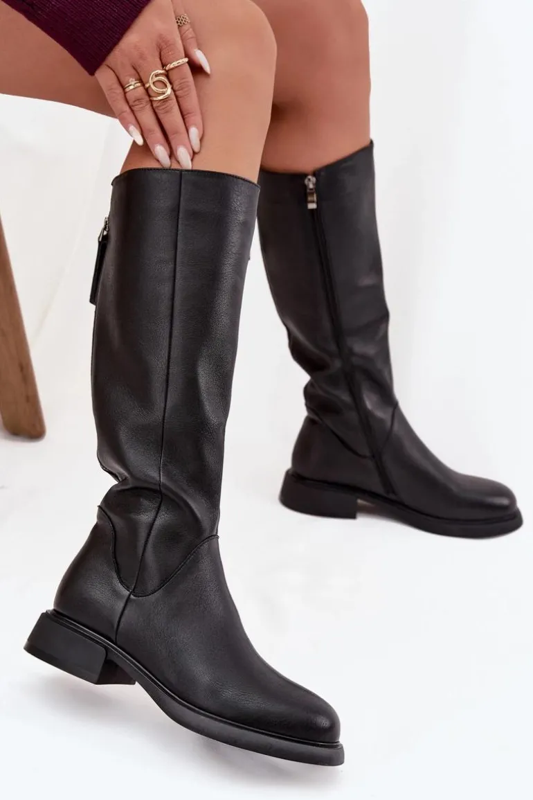 Skórzane Kozaki Damskie Na Płaskim Obcasie Ocieplane D&A JC52-837 Czarne