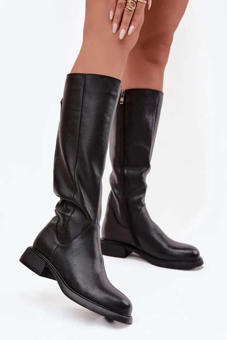 Skórzane Kozaki Damskie Na Płaskim Obcasie Ocieplane D&A JC52-837 Czarne