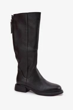 Skórzane Kozaki Damskie Na Płaskim Obcasie Ocieplane D&A JC52-837 Czarne