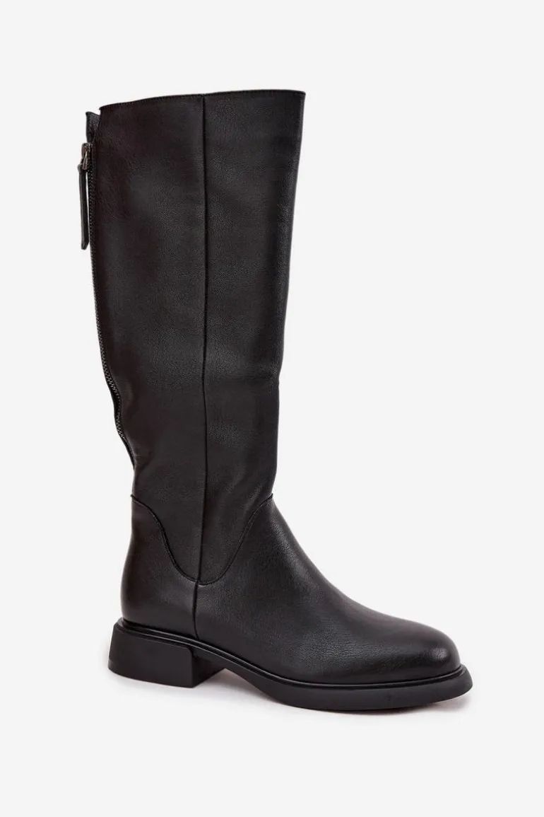 Skórzane Kozaki Damskie Na Płaskim Obcasie Ocieplane D&A JC52-837 Czarne