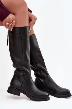 Skórzane Kozaki Damskie Na Płaskim Obcasie Ocieplane D&A JC52-837 Czarne