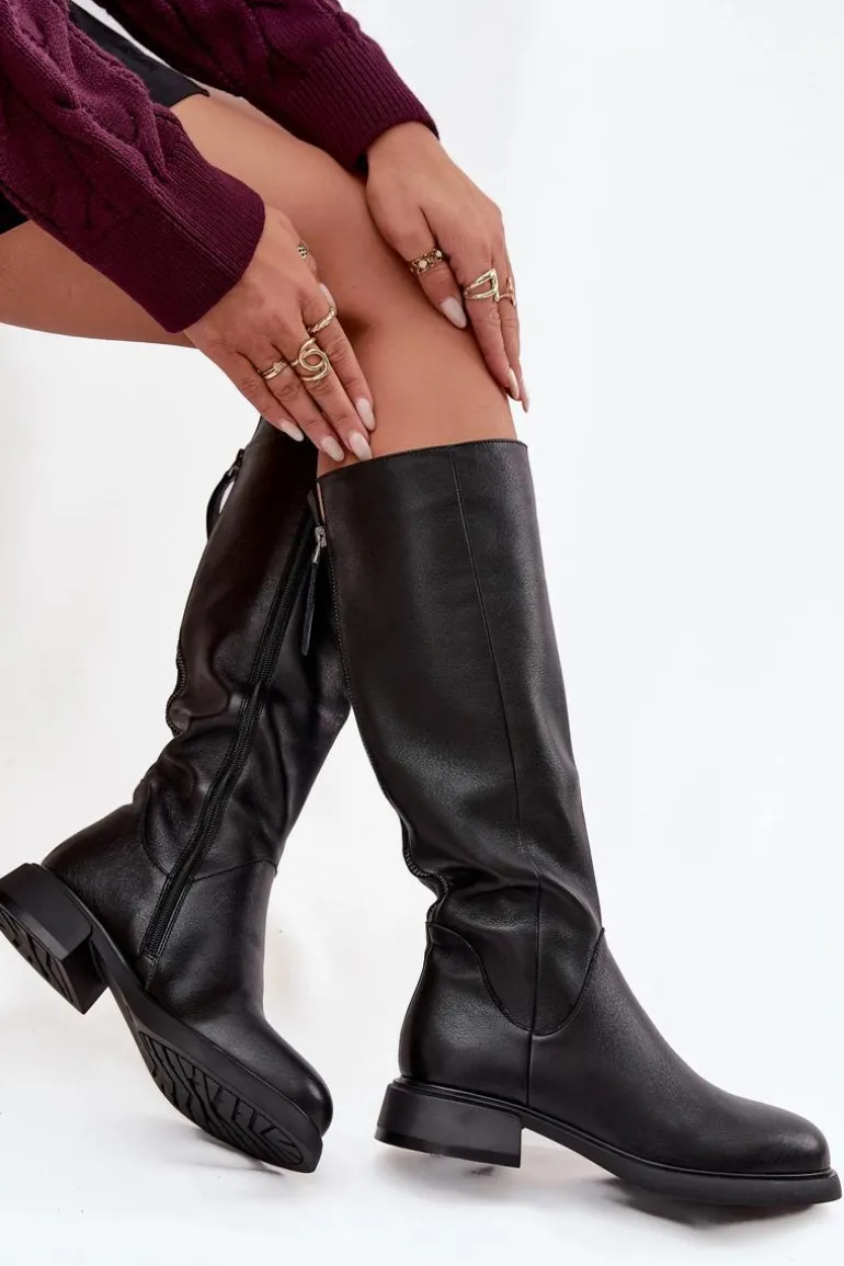 Skórzane Kozaki Damskie Na Płaskim Obcasie Ocieplane D&A JC52-837 Czarne