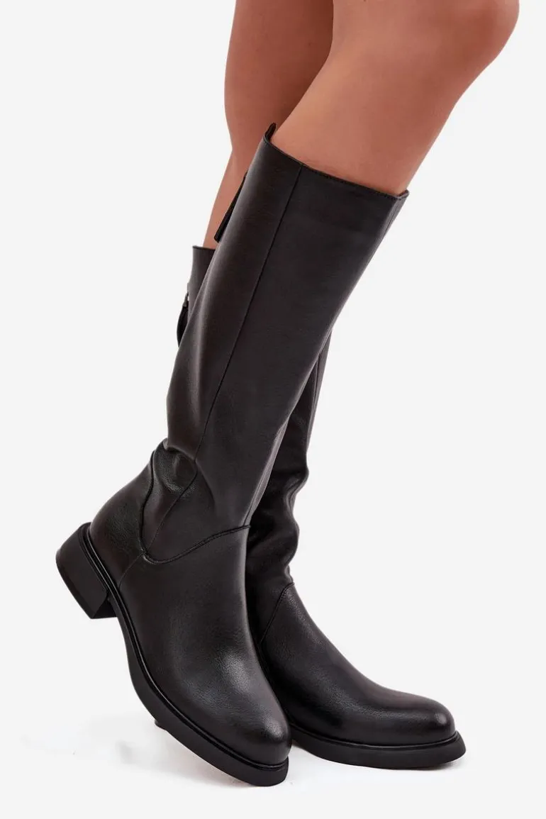 Skórzane Kozaki Damskie Na Płaskim Obcasie Ocieplane D&A JC52-837 Czarne