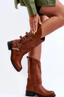 Skórzane Kozaki Damskie Na Płaskim Obcasie Brązowe Nyreo