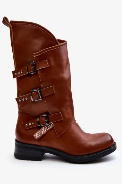 Skórzane Kozaki Damskie Na Płaskim Obcasie Brązowe Nyreo