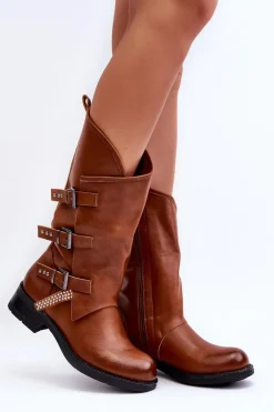 Skórzane Kozaki Damskie Na Płaskim Obcasie Brązowe Nyreo