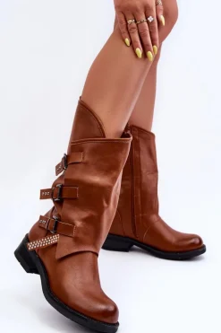 Skórzane Kozaki Damskie Na Płaskim Obcasie Brązowe Nyreo