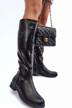 Skórzane Kozaki Damskie Na Płaskim Obcasie Czarne Albuna