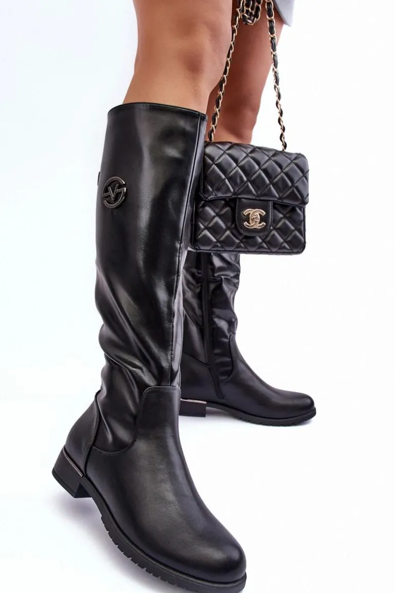 Skórzane Kozaki Damskie Na Płaskim Obcasie Czarne Albuna