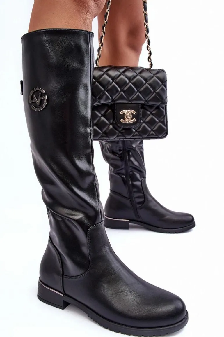 Skórzane Kozaki Damskie Na Płaskim Obcasie Czarne Albuna