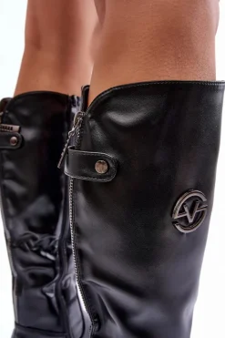 Skórzane Kozaki Damskie Na Płaskim Obcasie Czarne Albuna