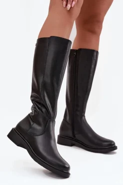 Skórzane Kozaki Damskie Ocieplane Na Płaskim Obcasie Sergio Leone KZ25600-S Czarne