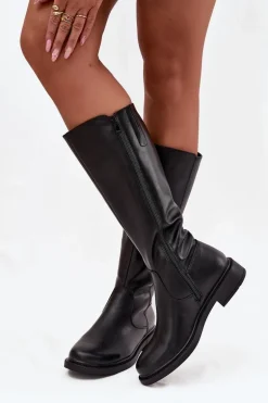 Skórzane Kozaki Damskie Ocieplane Na Płaskim Obcasie Sergio Leone KZ25600-S Czarne