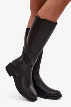 Skórzane Kozaki Damskie Ocieplane Na Płaskim Obcasie Sergio Leone KZ25600-S Czarne