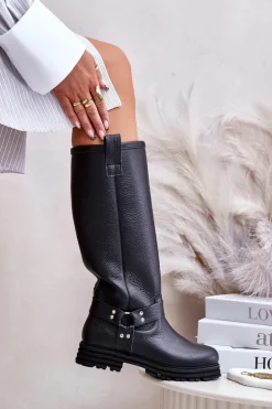 Skórzane Kozaki Damskie Przed Kolano Lewski 3615 Czarne