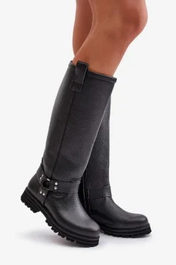 Skórzane Kozaki Damskie Przed Kolano Lewski 3615 Czarne