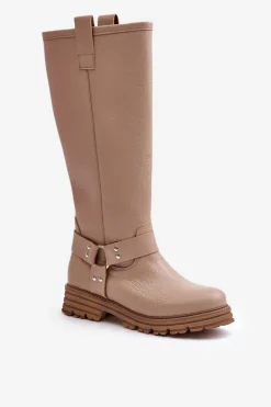 Skórzane Kozaki Damskie Przed Kolano Lewski 3615 Beżowe