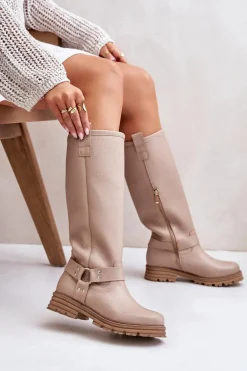 Skórzane Kozaki Damskie Przed Kolano Lewski 3615 Beżowe
