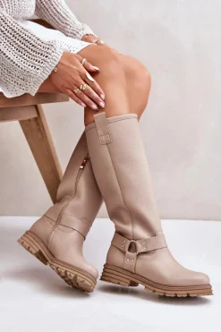 Skórzane Kozaki Damskie Przed Kolano Lewski 3615 Beżowe