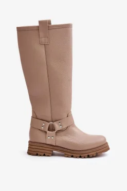 Skórzane Kozaki Damskie Przed Kolano Lewski 3615 Beżowe