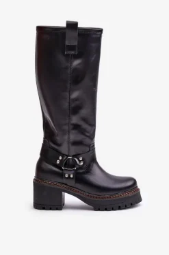 Skórzane Kozaki Damskie Przed Kolano Lewski 3432 Czarne