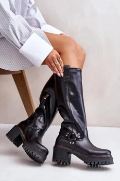 Skórzane Kozaki Damskie Przed Kolano Lewski 3432 Czarne