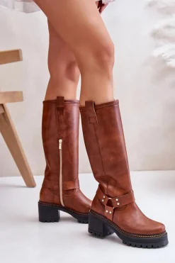 Skórzane Kozaki Damskie Przed Kolano Lewski 3432 Camel