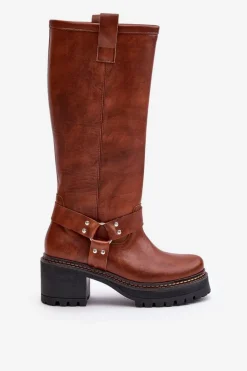 Skórzane Kozaki Damskie Przed Kolano Lewski 3432 Camel