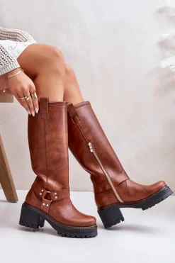 Skórzane Kozaki Damskie Przed Kolano Lewski 3432 Camel