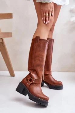 Skórzane Kozaki Damskie Przed Kolano Lewski 3432 Camel