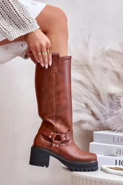 Skórzane Kozaki Damskie Przed Kolano Lewski 3432 Camel